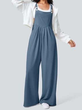 Halara Jumpsuit Size L Blue Sleeveless Button Strap Wide Leg Pockets